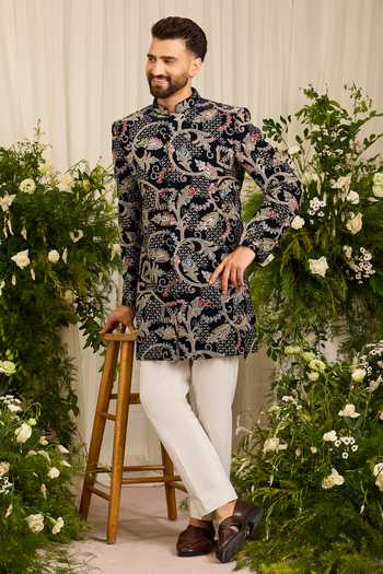 Buy_Kasbah_Blue Velvet The Ducal Crown Abstract Floral Short Sherwani _Online_at_Aza_Fashions