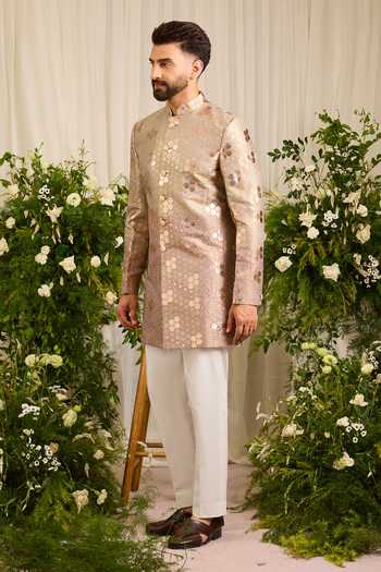 Kasbah Gold Chanderi The Maison Rose Textured Sherwani Online at Aza Fashions Kasbah_Gold Chanderi The Maison Rose Textured Sherwani _Online_at_Aza_Fashions