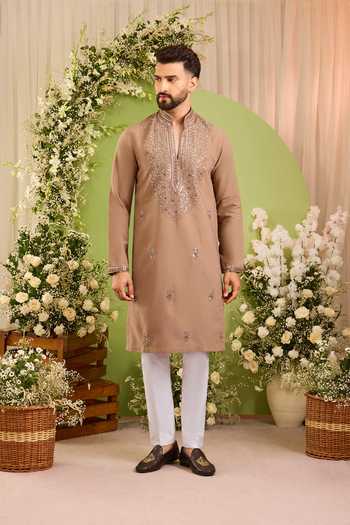Kasbah_Brown The Echelon Jewelled Neckline Kurta _Online_at_Aza_Fashions