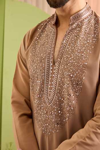 Buy_Kasbah_Brown The Echelon Jewelled Neckline Kurta _Online_at_Aza_Fashions