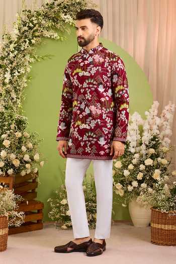 Kasbah_Maroon Silk The Tropique Flamingo Motif Kurta _Online_at_Aza_Fashions
