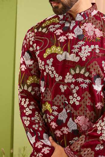 Buy_Kasbah_Maroon Silk The Tropique Flamingo Motif Kurta _Online_at_Aza_Fashions
