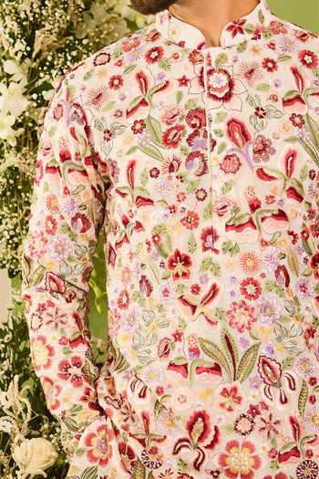 Buy_Kasbah_White Georgette The Fantaisie Floral Short Kurta _Online_at_Aza_Fashions