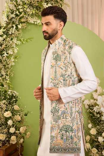 Kasbah Brown Georgette Tropical Embroidered Nehru Jacket Online at Aza Fashions Kasbah_Brown Georgette Tropical Embroidered Nehru Jacket _Online_at_Aza_Fashions