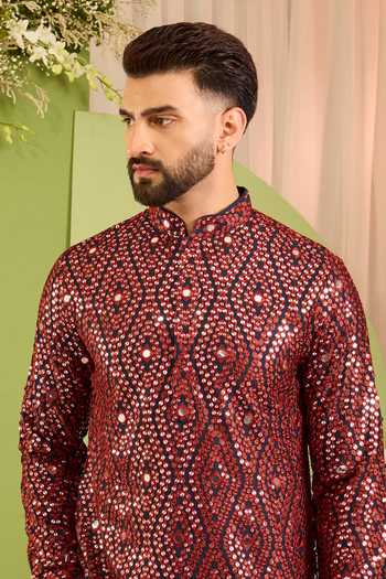 Kasbah_Maroon Silk The Haute Mirror Work Kurta _Online_at_Aza_Fashions