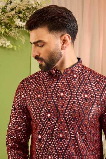 Buy_Kasbah_Maroon Silk The Haute Mirror Work Kurta _Online_at_Aza_Fashions