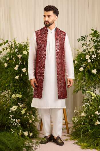 Kasbah Maroon Silk Haute Mirror Work Nehru Jacket Online at Aza Fashions Kasbah_Maroon Silk Haute Mirror Work Nehru Jacket _Online_at_Aza_Fashions