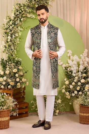 Kasbah_Green Georgette Dorsay Floral Zari Nehru Jacket _Online_at_Aza_Fashions