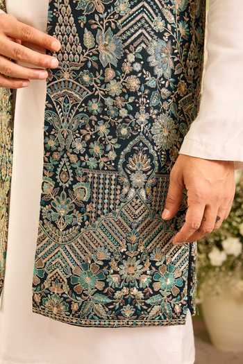 Buy_Kasbah_Green Georgette Dorsay Floral Zari Nehru Jacket _Online_at_Aza_Fashions