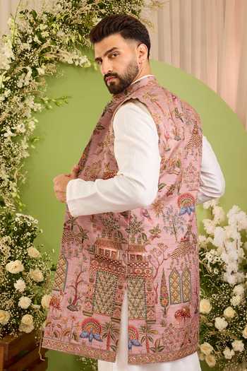 Kasbah_Purple Silk The Crosby Nature Embroidered Nehru Jacket _Online_at_Aza_Fashions