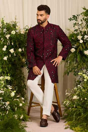 Kasbah_Maroon Silk The Lannister Sculptural Embellished Sherwani _Online_at_Aza_Fashions