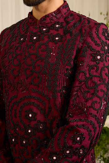 Buy_Kasbah_Maroon Silk The Lannister Sculptural Embellished Sherwani _Online_at_Aza_Fashions
