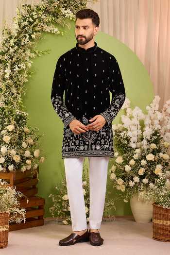 Buy Kasbah Black Velvet The Crowned Sculpted Cutdana Short Kurta Online at Aza Fashions Buy_Kasbah_Black Velvet The Crowned Sculpted Cutdana Short Kurta _Online_at_Aza_Fashions