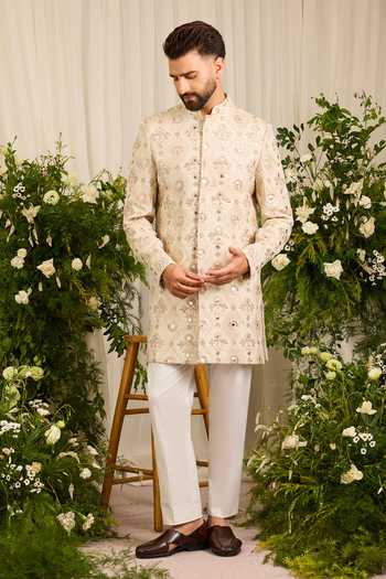Kasbah_Gold Tissue Capella Cutdana Embroidered Sherwani _Online_at_Aza_Fashions