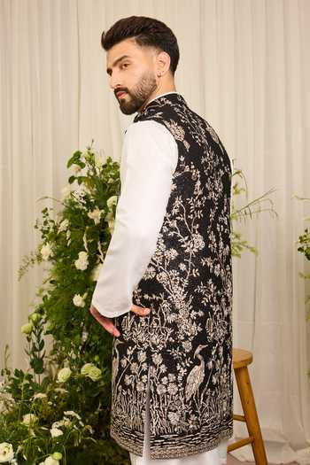 Kasbah_Black Georgette Midnight Flamingo Embroidered Nehru Jacket _Online_at_Aza_Fashions