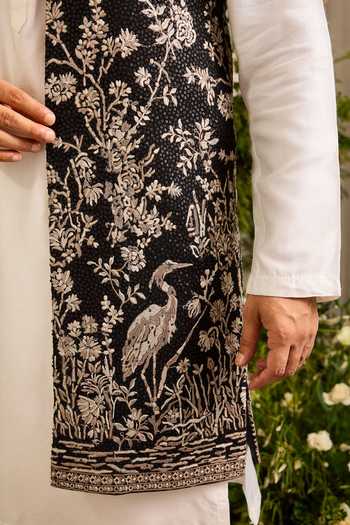 Buy_Kasbah_Black Georgette Midnight Flamingo Embroidered Nehru Jacket _Online_at_Aza_Fashions