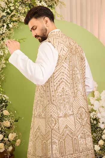 Kasbah Beige Georgette The Eminence Embroidered Nehru Jacket Online at Aza Fashions Kasbah_Beige Georgette The Eminence Embroidered Nehru Jacket _Online_at_Aza_Fashions