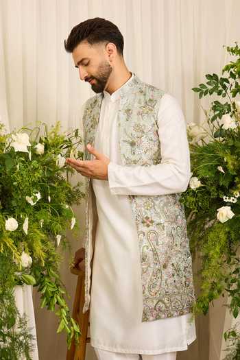 Kasbah Blue Floral Embroidered Nehru Jacket