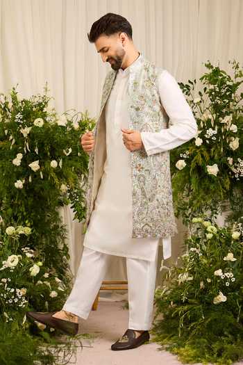 Kasbah Blue Georgette Floral Embroidered Nehru Jacket Online at Aza Fashions Kasbah_Blue Georgette Floral Embroidered Nehru Jacket _Online_at_Aza_Fashions