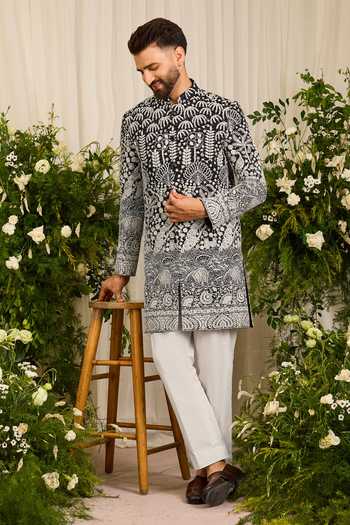 Kasbah_Black Georgette The Palais Floral Embroidered Short Sherwani _Online_at_Aza_Fashions