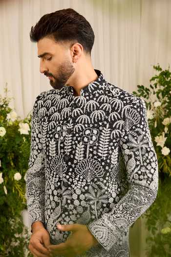 Buy_Kasbah_Black Georgette The Palais Floral Embroidered Short Sherwani _Online_at_Aza_Fashions