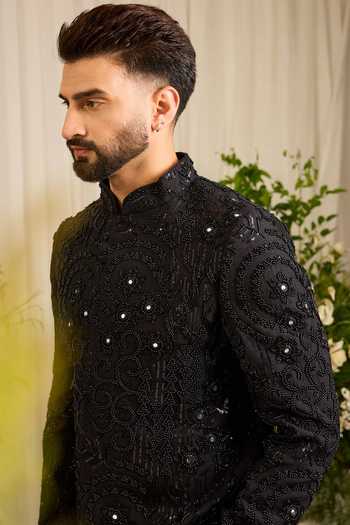 Kasbah_Black Silk Lannister Sculptural Embellished Sherwani _Online_at_Aza_Fashions