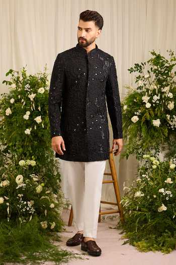 Buy_Kasbah_Black Silk Lannister Sculptural Embellished Sherwani _Online_at_Aza_Fashions