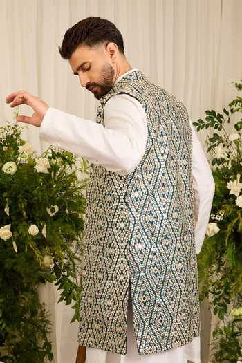 Kasbah_Green Silk The Haute Mirror Work Nehru Jacket _Online_at_Aza_Fashions