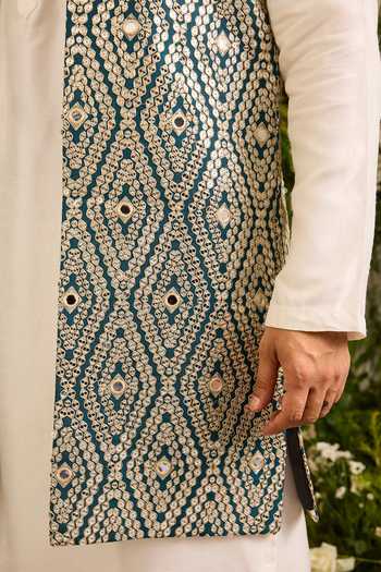 Buy_Kasbah_Green Silk The Haute Mirror Work Nehru Jacket _Online_at_Aza_Fashions