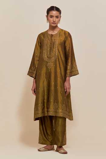 Shop Kora Olive Green , Organza Round Neck, Yes A-line Kurta And Pant Set Online at Aza Fashions Shop_Kora_Olive Green , Organza Round Neck, Yes A-line Kurta And Pant Set _Online_at_Aza_Fashions