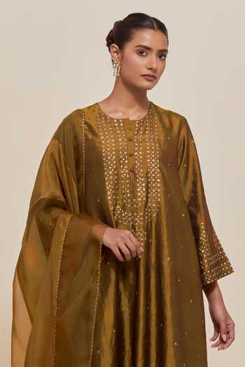 Kora Olive Green , Organza Round Neck, Yes A-line Kurta And Pant Set at Aza Fashions Kora_Olive Green , Organza Round Neck, Yes A-line Kurta And Pant Set _at_Aza_Fashions