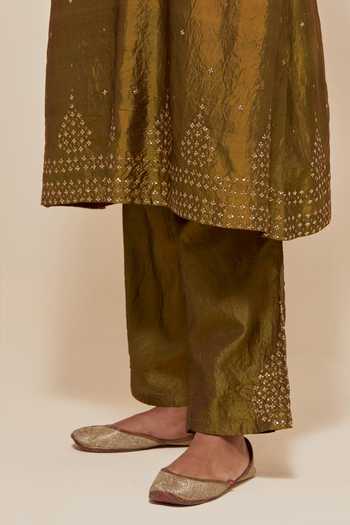 Buy Kora Olive Green , Organza Round Neck, Yes A-line Kurta And Pant Set Buy_Kora_Olive Green , Organza Round Neck, Yes A-line Kurta And Pant Set