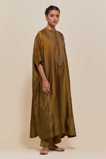Kora Olive Green Silk, Cotton Mandarin Collar Long Kaftan And Pant Set Online at Aza Fashions Kora_Olive Green Silk, Cotton Mandarin Collar Long Kaftan And Pant Set _Online_at_Aza_Fashions