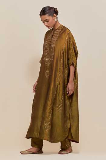 Buy Kora Olive Green Silk, Cotton Mandarin Collar Long Kaftan And Pant Set Online at Aza Fashions Buy_Kora_Olive Green Silk, Cotton Mandarin Collar Long Kaftan And Pant Set _Online_at_Aza_Fashions