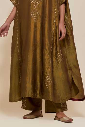 Shop Kora Olive Green Silk, Cotton Mandarin Collar Long Kaftan And Pant Set Online at Aza Fashions Shop_Kora_Olive Green Silk, Cotton Mandarin Collar Long Kaftan And Pant Set _Online_at_Aza_Fashions