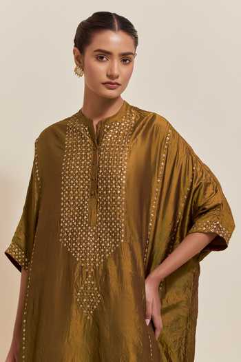 Kora Olive Green Silk, Cotton Mandarin Collar Long Kaftan And Pant Set at Aza Fashions Kora_Olive Green Silk, Cotton Mandarin Collar Long Kaftan And Pant Set _at_Aza_Fashions