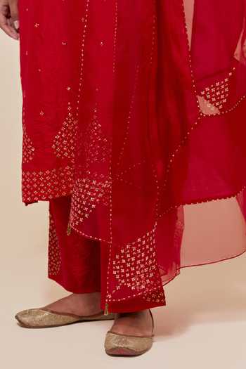 Shop_Kora_Red , Organza Round Neck, Yes Straight Kurta Set _Online_at_Aza_Fashions