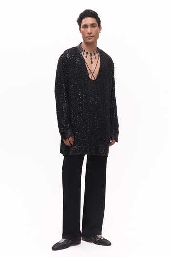 Shop Mukti And Kavith Casa Black Chiffon, Suede Embroidered Kurta And Pant Set Online at Aza Fashions Shop_Mukti And Kavith Casa_Black Chiffon, Suede Embroidered Kurta And Pant Set _Online_at_Aza_Fashions