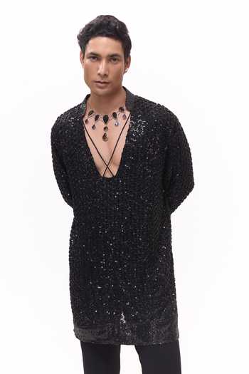Mukti And Kavith Casa Black Chiffon, Suede Embroidered Kurta And Pant Set at Aza Fashions Mukti And Kavith Casa_Black Chiffon, Suede Embroidered Kurta And Pant Set _at_Aza_Fashions