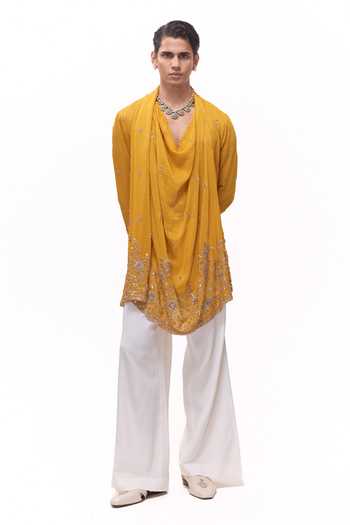 Mukti And Kavith Casa Yellow Dupion, Silk, Crepe Cowl Draped Kurta And Bell Bottom Pant Set Online at Aza Fashions Mukti And Kavith Casa_Yellow Dupion, Silk, Crepe Cowl Draped Kurta And Bell Bottom Pant Set _Online_at_Aza_Fashions