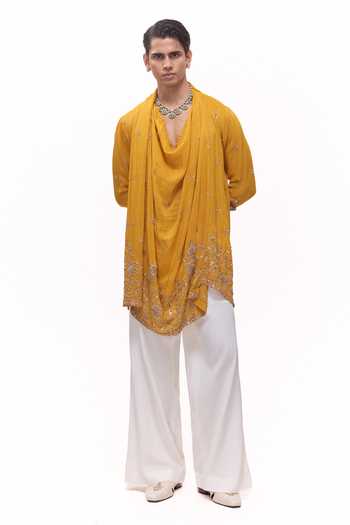 Mukti And Kavith Casa Cowl Draped Kurta & Bell Bottom Pant Set 
