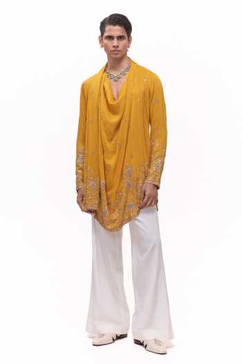 Buy Mukti And Kavith Casa Yellow Dupion, Silk, Crepe Cowl Draped Kurta And Bell Bottom Pant Set Online at Aza Fashions Buy_Mukti And Kavith Casa_Yellow Dupion, Silk, Crepe Cowl Draped Kurta And Bell Bottom Pant Set _Online_at_Aza_Fashions