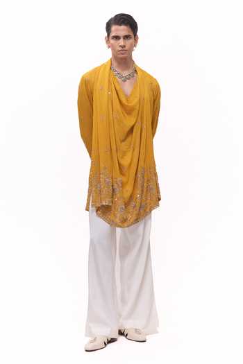 Shop Mukti And Kavith Casa Yellow Dupion, Silk, Crepe Cowl Draped Kurta And Bell Bottom Pant Set Online at Aza Fashions Shop_Mukti And Kavith Casa_Yellow Dupion, Silk, Crepe Cowl Draped Kurta And Bell Bottom Pant Set _Online_at_Aza_Fashions