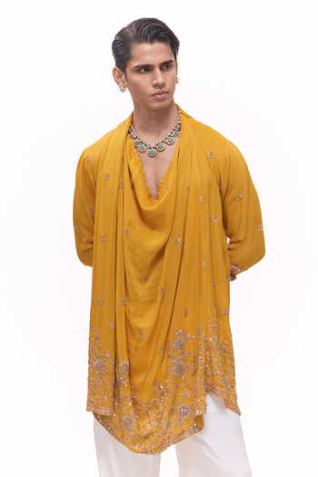 Mukti And Kavith Casa Yellow Dupion, Silk, Crepe Cowl Draped Kurta And Bell Bottom Pant Set at Aza Fashions Mukti And Kavith Casa_Yellow Dupion, Silk, Crepe Cowl Draped Kurta And Bell Bottom Pant Set _at_Aza_Fashions