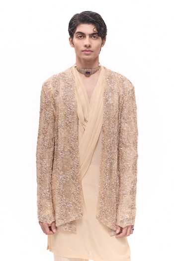 Mukti And Kavith Casa Beige Crepe Embroidered Short Jacket With Draped Kurta Set Online at Aza Fashions Mukti And Kavith Casa_Beige Crepe Embroidered Short Jacket With Draped Kurta Set _Online_at_Aza_Fashions