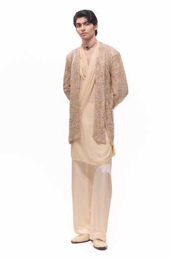 Shop Mukti And Kavith Casa Beige Crepe Embroidered Short Jacket With Draped Kurta Set Online at Aza Fashions Shop_Mukti And Kavith Casa_Beige Crepe Embroidered Short Jacket With Draped Kurta Set _Online_at_Aza_Fashions