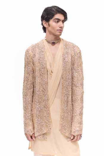 Mukti And Kavith Casa Beige Crepe Embroidered Short Jacket With Draped Kurta Set at Aza Fashions Mukti And Kavith Casa_Beige Crepe Embroidered Short Jacket With Draped Kurta Set _at_Aza_Fashions