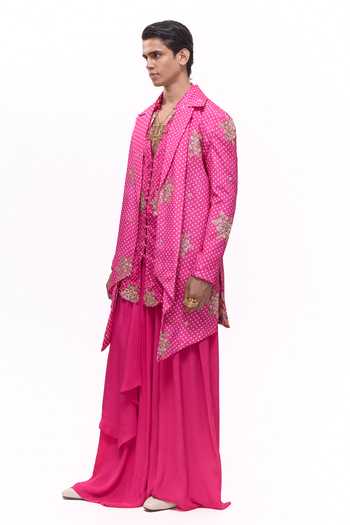 Buy_Mukti And Kavith Casa_Pink Crepe Bandhani Embroidered Jacket And Kurta Set _Online_at_Aza_Fashions