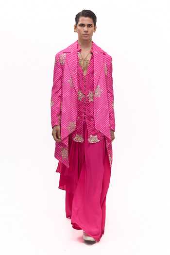 Shop_Mukti And Kavith Casa_Pink Crepe Bandhani Embroidered Jacket And Kurta Set _Online_at_Aza_Fashions