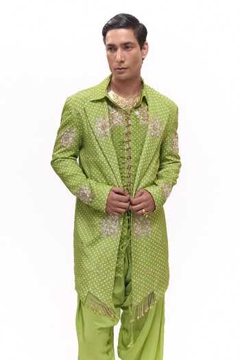 Buy_Mukti And Kavith Casa_Green Crepe Bandhani Short Jacket Kurta Set _Online_at_Aza_Fashions
